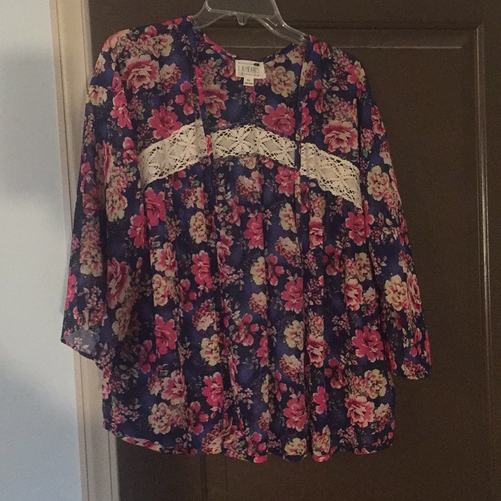 SHEER FLORAL KIMONO W CREAM LACE